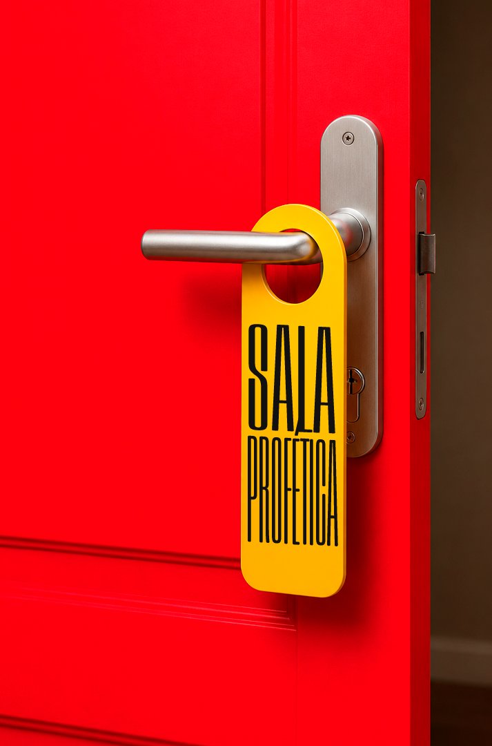 Maçaneta de porta vermelha com plaquinha Sala Profética